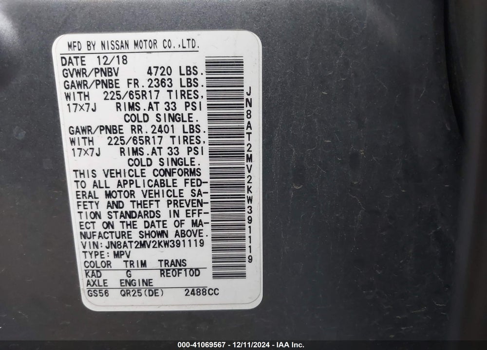2019 NISSAN ROGUE SV VIN: JN8AT2MV2KW391119