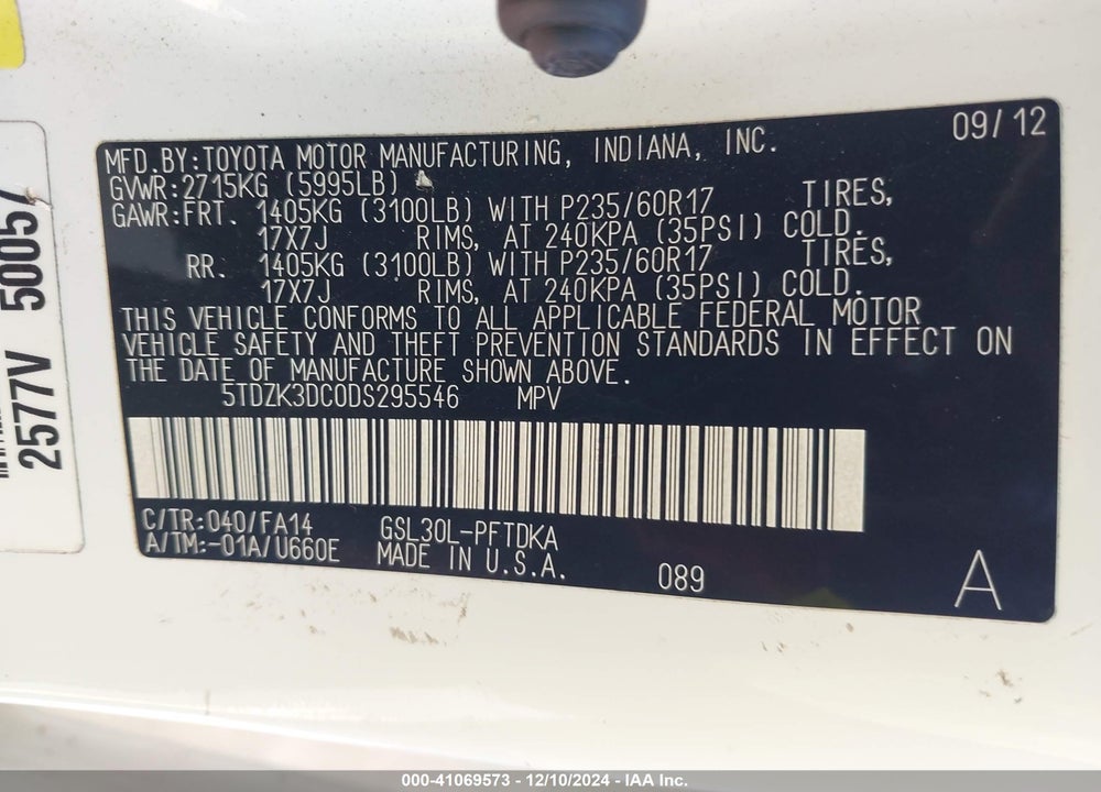 2013 TOYOTA SIENNA L V6 7 PASSENGER VIN: 5TDZK3DC0DS295546