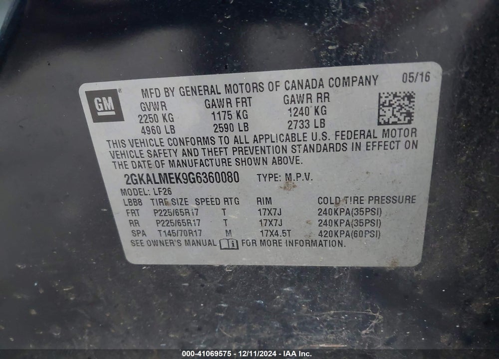 2016 GMC TERRAIN SLE-1 VIN: 2GKALMEK9G6360080