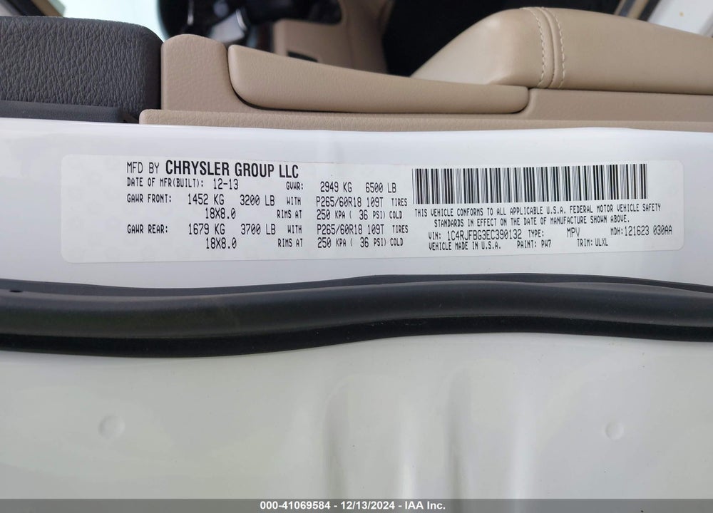 2014 JEEP GRAND CHEROKEE LIMITED VIN: 1C4RJFBG3EC390132