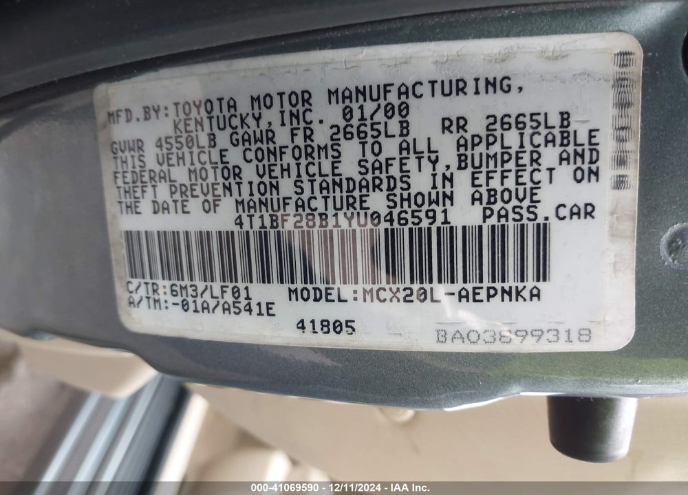 2000 TOYOTA AVALON XL VIN: 4T1BF28B1YU046591