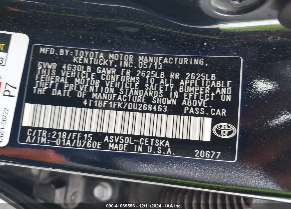 2013 TOYOTA CAMRY SE VIN: 4T1BF1FK7DU268463