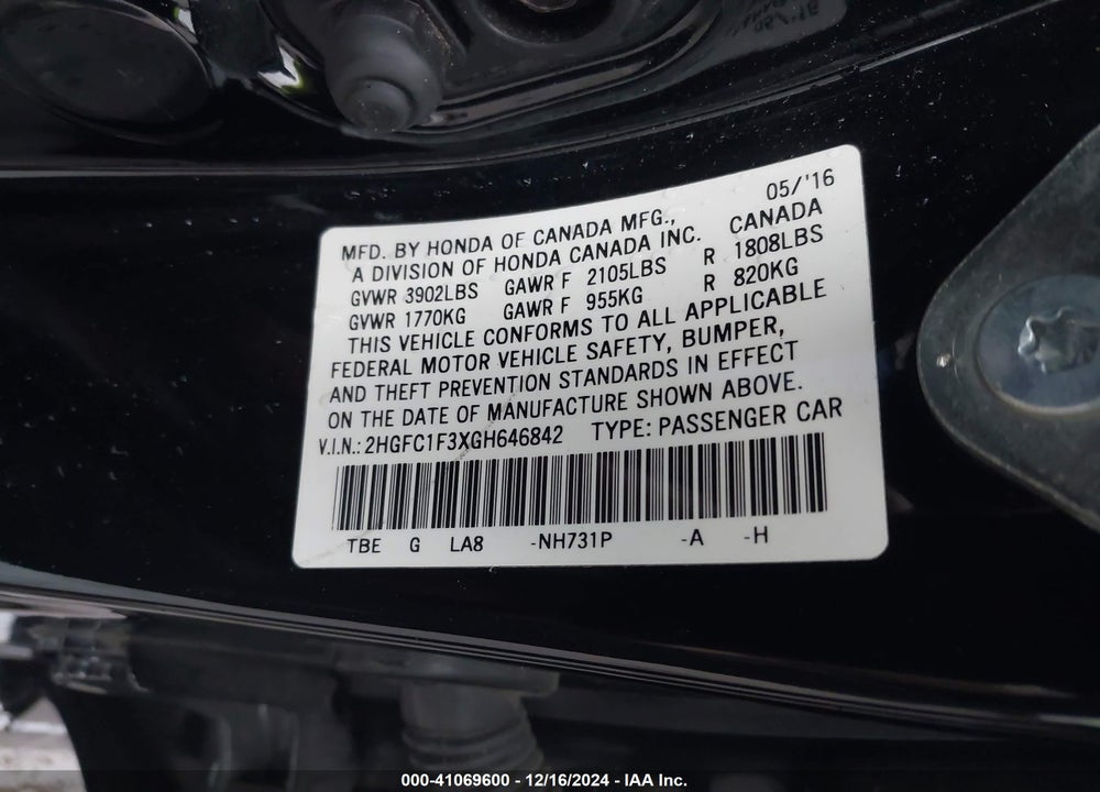 2016 HONDA CIVIC EX-T VIN: 2HGFC1F3XGH646842