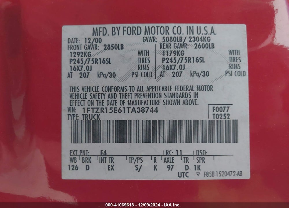 2001 FORD RANGER EDGE/XLT VIN: 1FTZR15E61TA38744