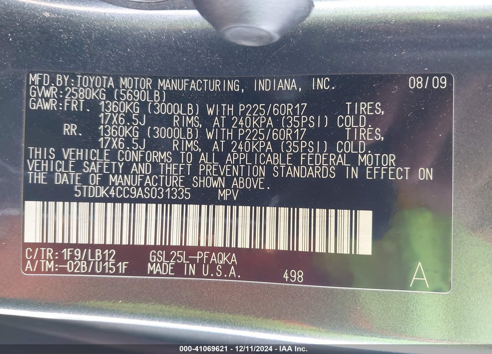 2010 TOYOTA SIENNA LIMITED VIN: 5TDDK4CC9AS031335
