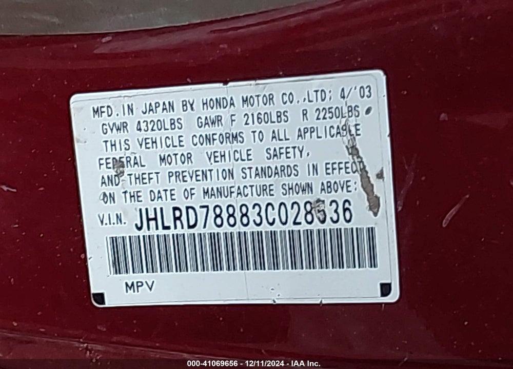 2003 HONDA CR-V EX VIN: JHLRD78883C028536