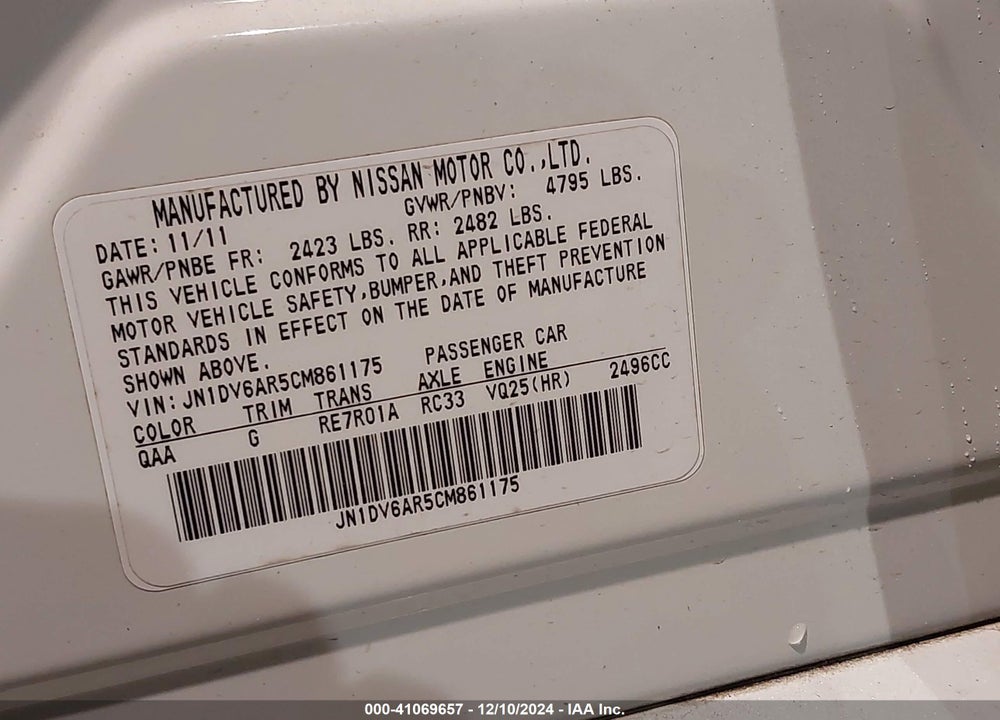 2012 INFINITI G25X VIN: JN1DV6AR5CM861175