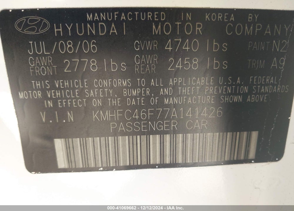 2007 HYUNDAI AZERA LIMITED/SE VIN: KMHFC46F77A141426