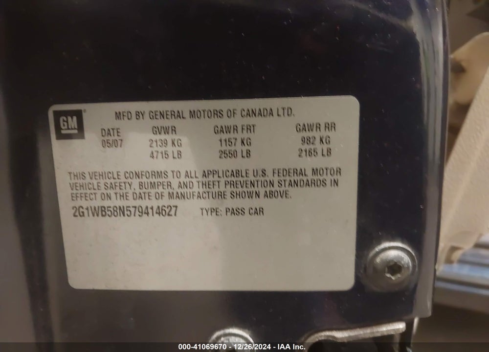 2007 CHEVROLET IMPALA LS VIN: 2G1WB58N579414627
