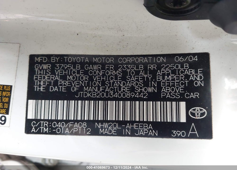 2004 TOYOTA PRIUS VIN: JTDKB20U340089442