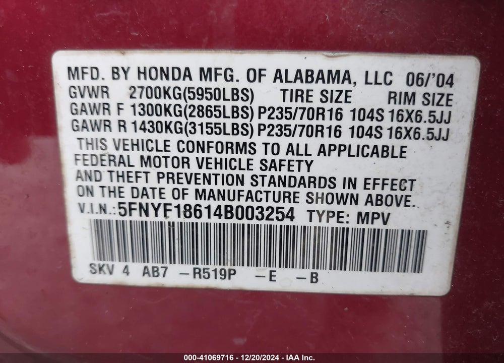 2004 HONDA PILOT EX-L VIN: 5FNYF18614B003254