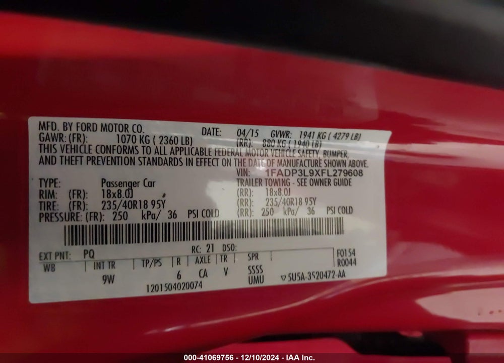 2015 FORD FOCUS ST VIN: 1FADP3L9XFL279608