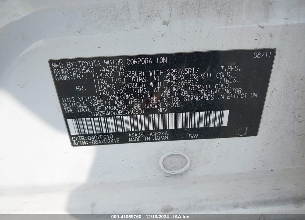 2011 TOYOTA RAV4 VIN: JTMZF4DV0B5040801