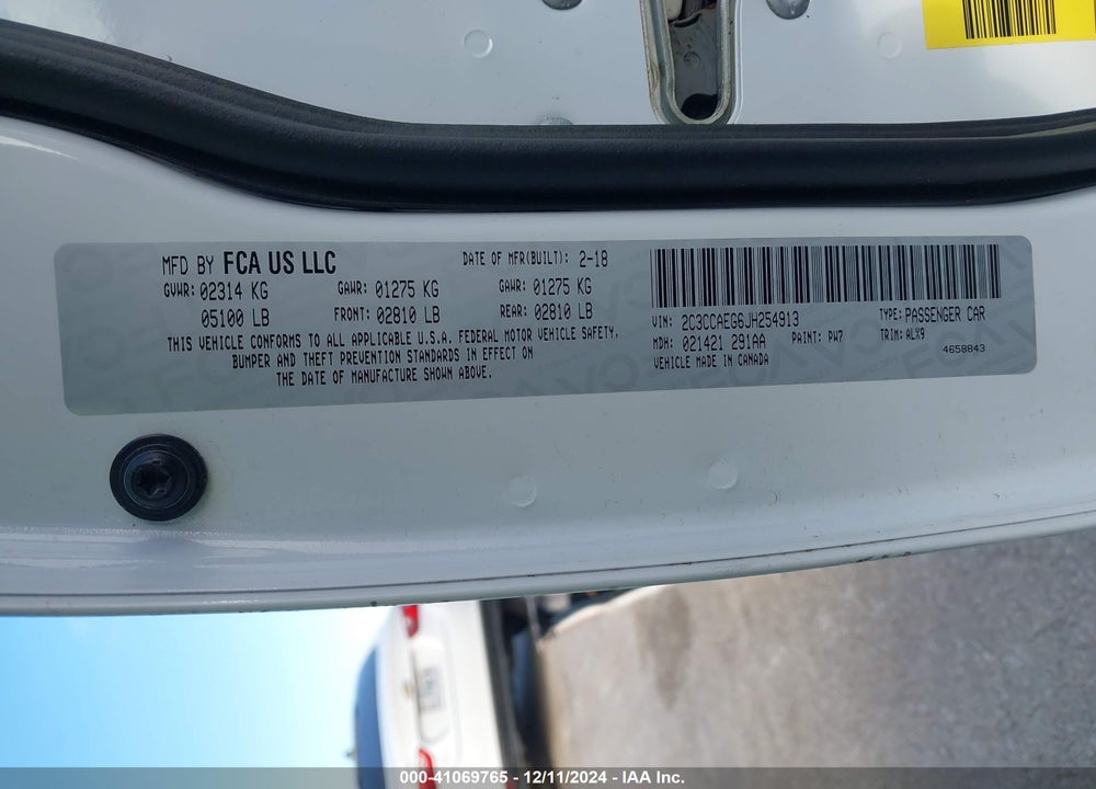 2018 CHRYSLER 300 LIMITED VIN: 2C3CCAEG6JH254913