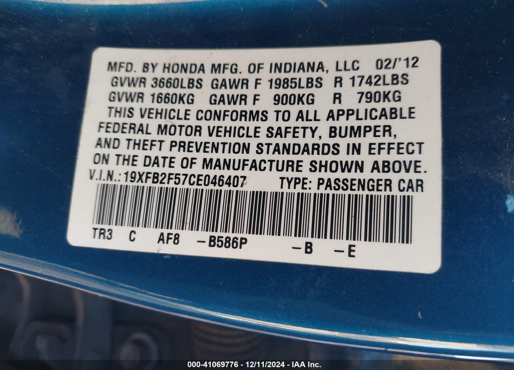 2012 HONDA CIVIC LX VIN: 19XFB2F57CE046407