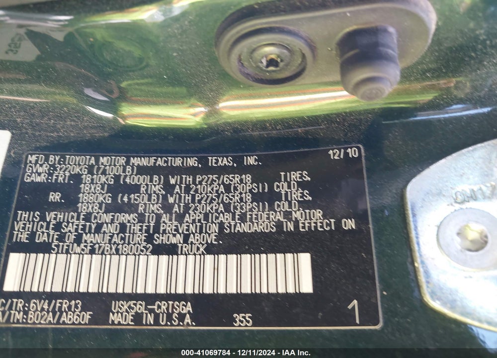 2011 TOYOTA TUNDRA VIN: 5TFUW5F17BX180052