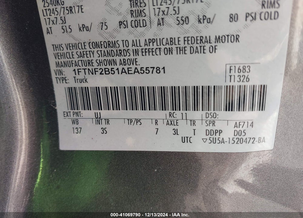 2010 FORD F-250 XL/XLT VIN: 1FTNF2B51AEA55781