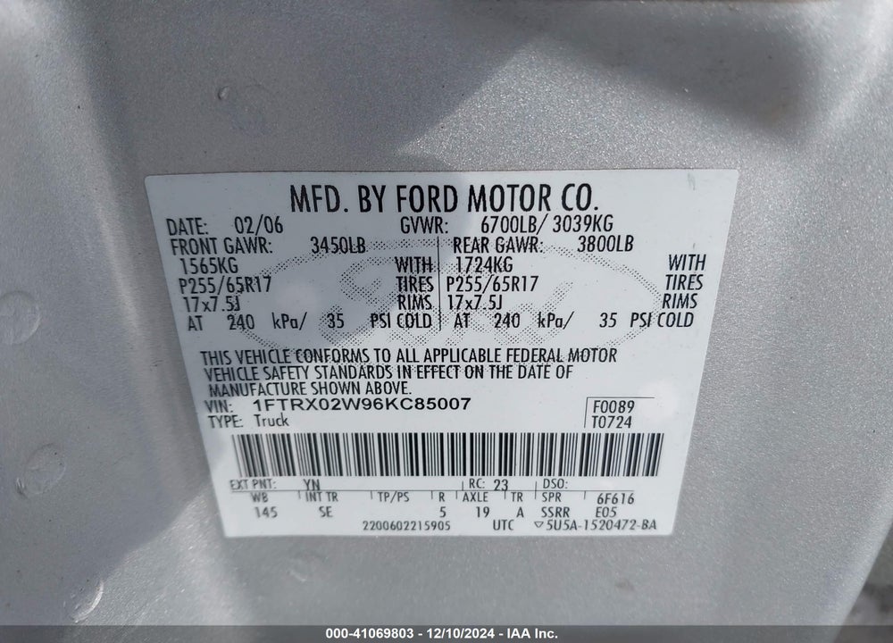 2006 FORD F-150 STX/XLT VIN: 1FTRX02W96KC85007