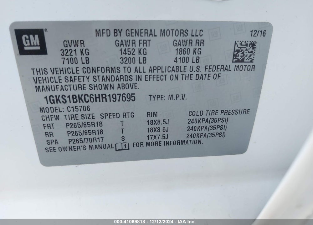 2017 GMC YUKON SLT VIN: 1GKS1BKC6HR197695