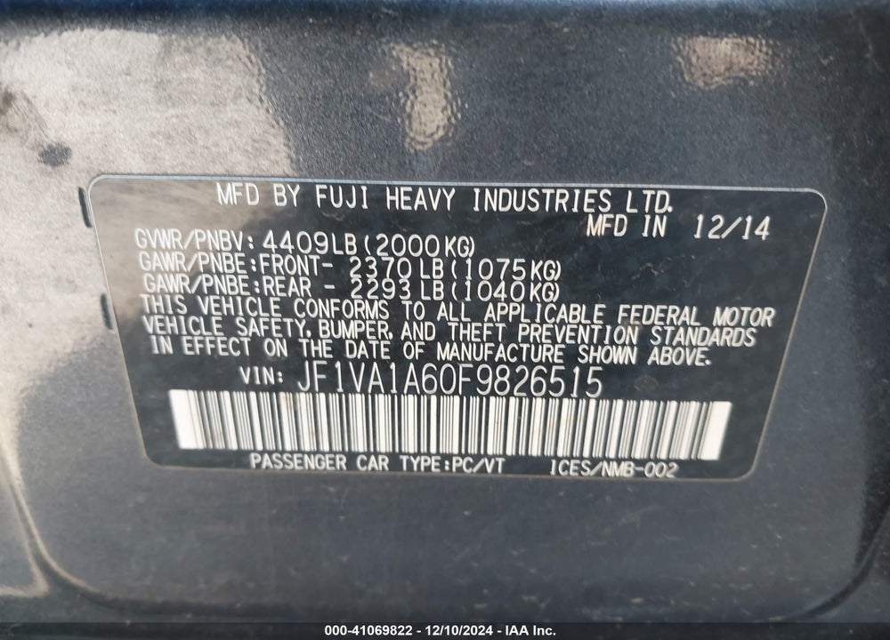 2015 SUBARU WRX VIN: JF1VA1A60F9826515