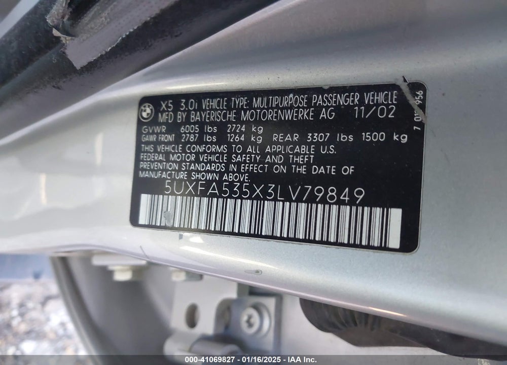 2003 BMW X5 3.0I VIN: 5UXFA535X3LV79849