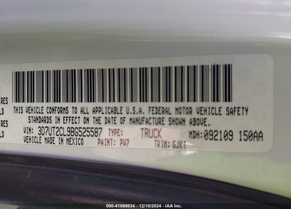 2011 RAM 2500 LAIE VIN: 3D7UT2CL9BG525587