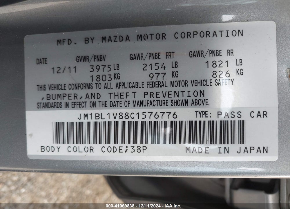 2012 MAZDA MAZDA3 VIN: JM1BL1V88C1576776