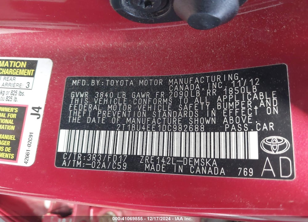 2013 TOYOTA COROLLA VIN: 2T1BU4EE1DC982688