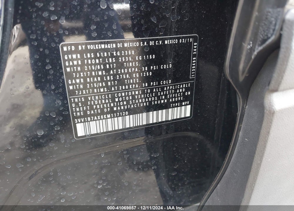 2019 VOLKSWAGEN TIGUAN 2.0T S VIN: 3VV1B7AX6KM117120