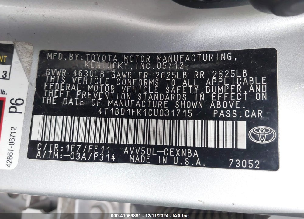 2012 TOYOTA CAMRY HYBRID VIN: 4T1BD1FK1CU031715