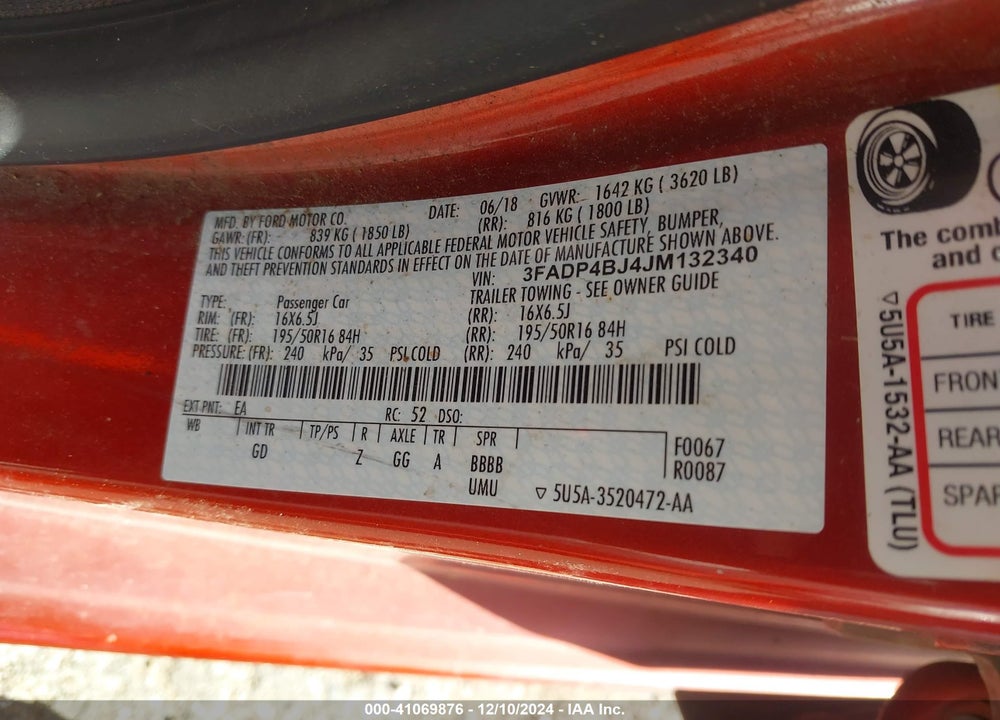 2018 FORD FIESTA SE VIN: 3FADP4BJ4JM132340