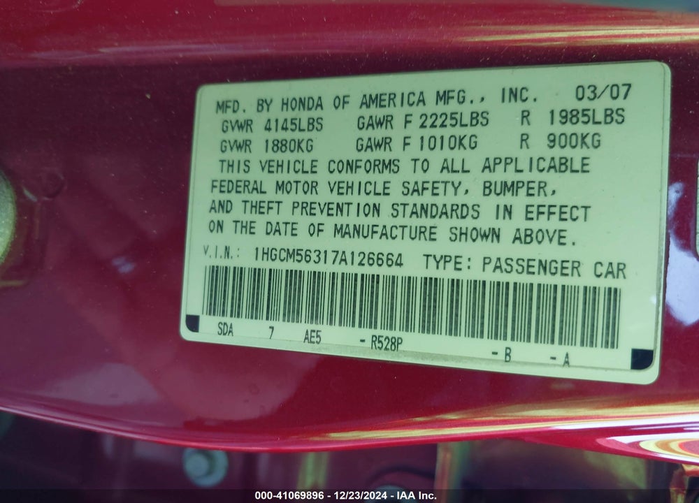2007 HONDA ACCORD 2.4 SE VIN: 1HGCM56317A126664