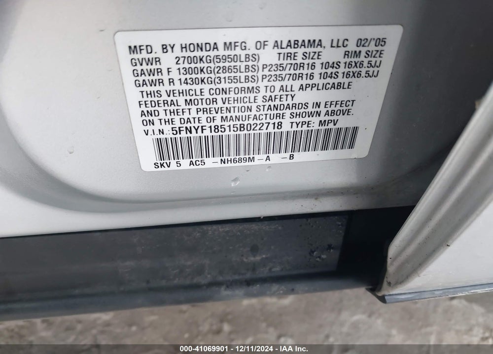 2005 HONDA PILOT EX-L VIN: 5FNYF18515B022718