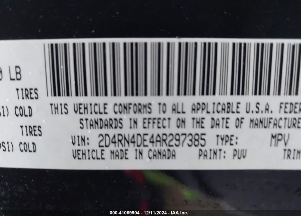 2010 DODGE GRAND CARAVAN SE VIN: 2D4RN4DE4AR297385