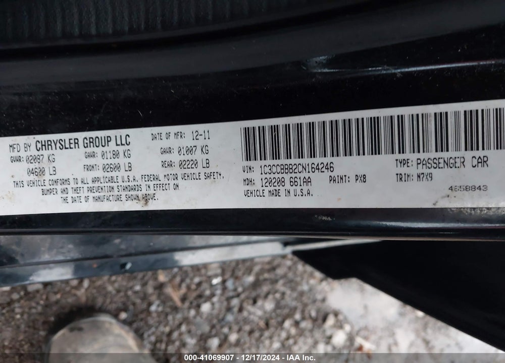 2012 CHRYSLER 200 VIN: 1C3CCBBB2CN164246