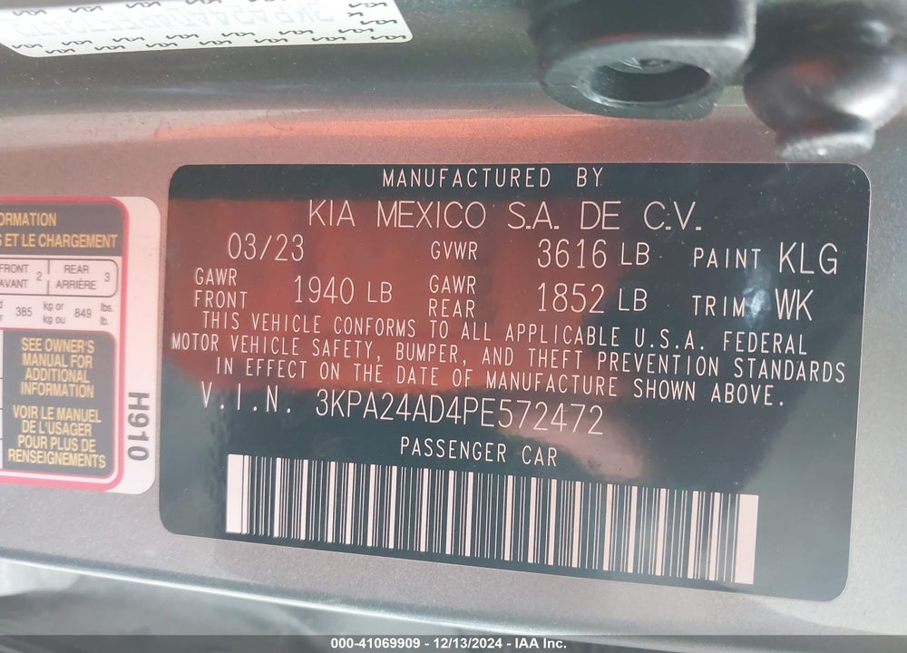 2023 KIA RIO VIN: 3KPA24AD4PE572472