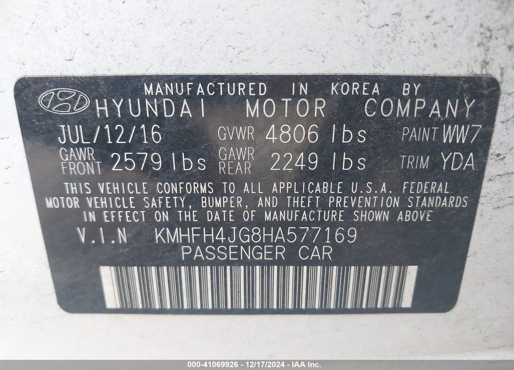 2017 HYUNDAI AZERA LIMITED VIN: KMHFH4JG8HA577169