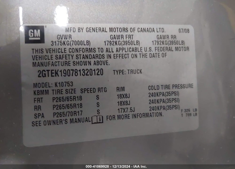 2008 GMC SIERRA VIN: 2GTEK190781320120