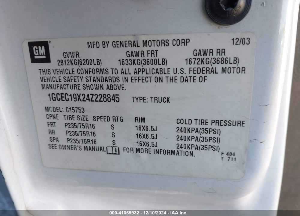 2004 CHEVROLET SILVERADO 1500 WORK TRUCK VIN: 1GCEC19X24Z228845