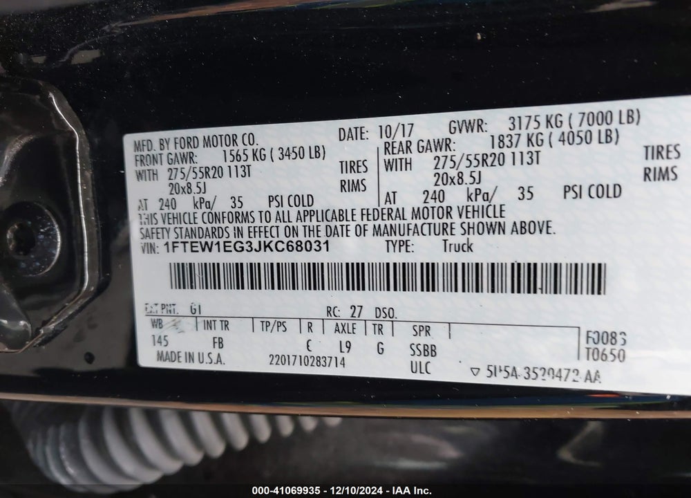 2018 FORD F-150 XLT VIN: 1FTEW1EG3JKC68031