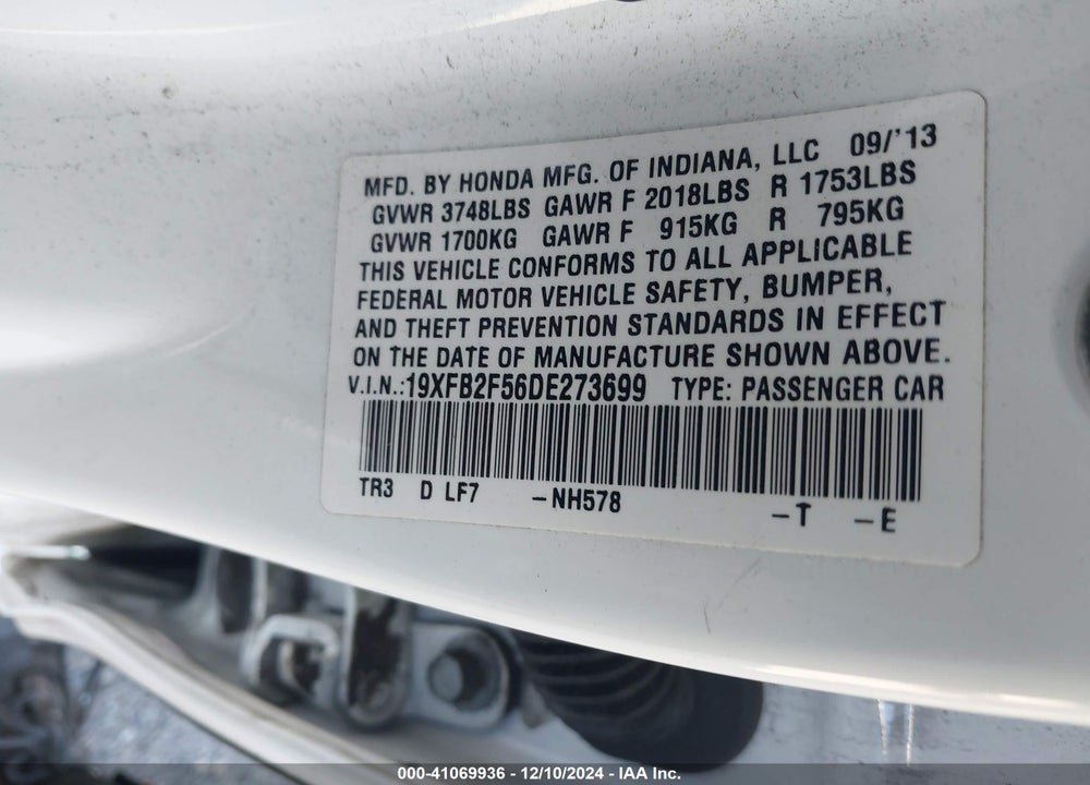 2013 HONDA CIVIC LX VIN: 19XFB2F56DE273699