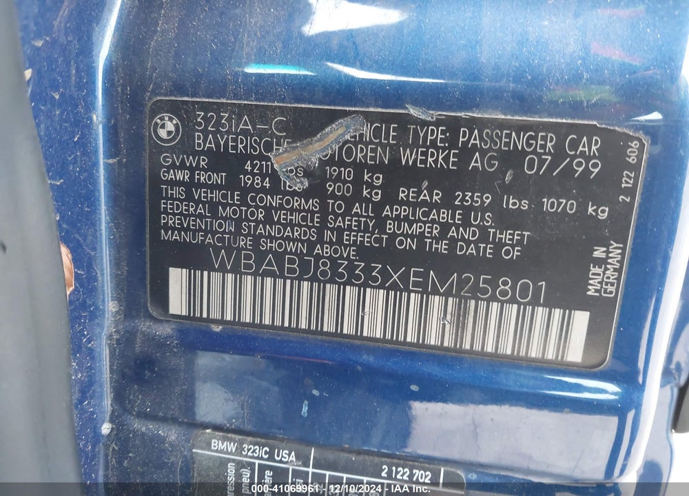 1999 BMW 323IC VIN: WBABJ8333XEM25801