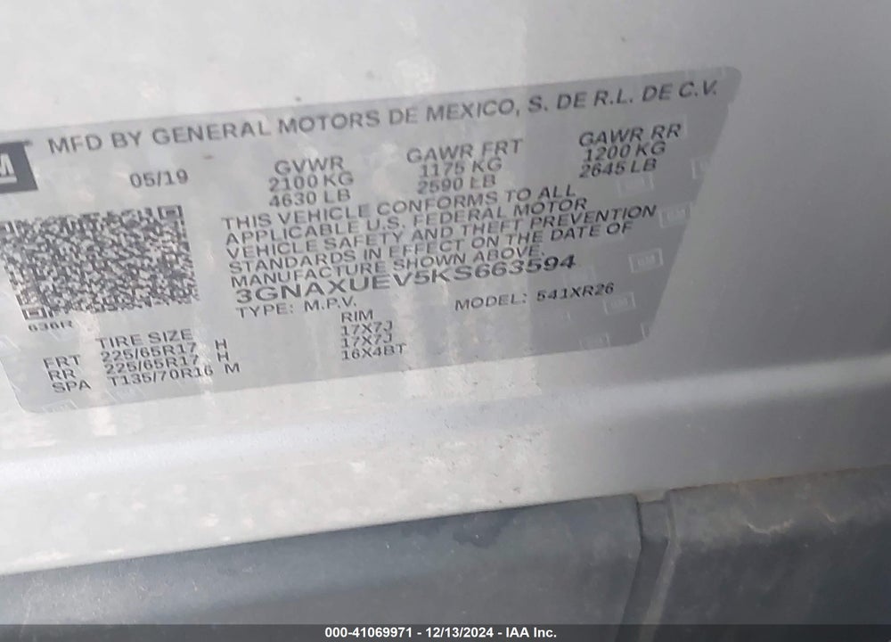 2019 CHEVROLET EQUINOX LT VIN: 3GNAXUEV5KS663594