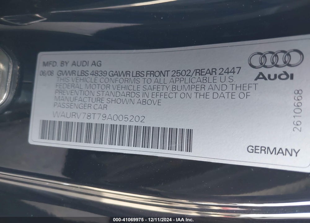 2009 AUDI S5 4.2L VIN: WAURV78T79A005202