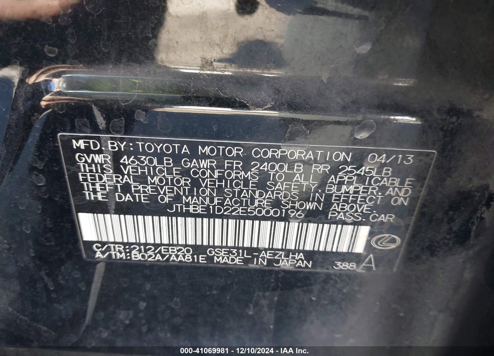 2014 LEXUS IS 350 VIN: JTHBE1D22E5000196