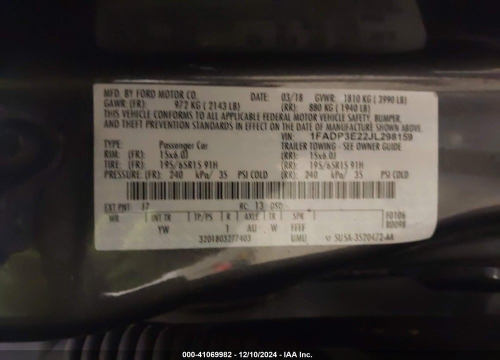 2018 FORD FOCUS VIN: 1FADP3E22JL298159