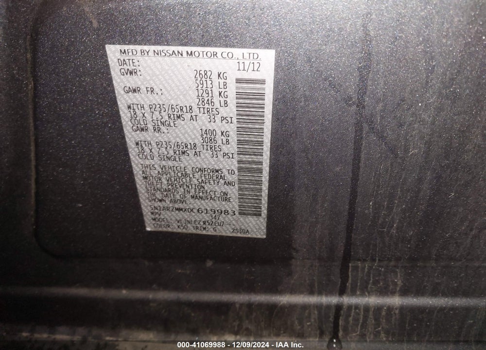 2013 NISSAN PATHFINDER SV VIN: 5N1AR2MMXDC619983