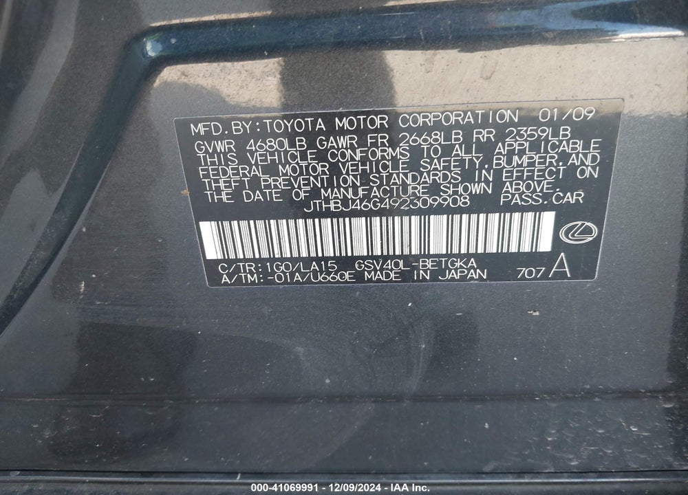2009 LEXUS ES 350 VIN: JTHBJ46G492309908