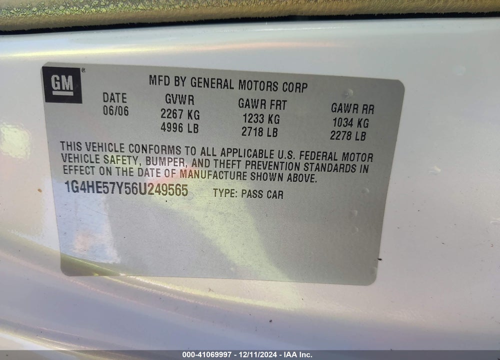 2006 BUICK LUCERNE CXS VIN: 1G4HE57Y56U249565