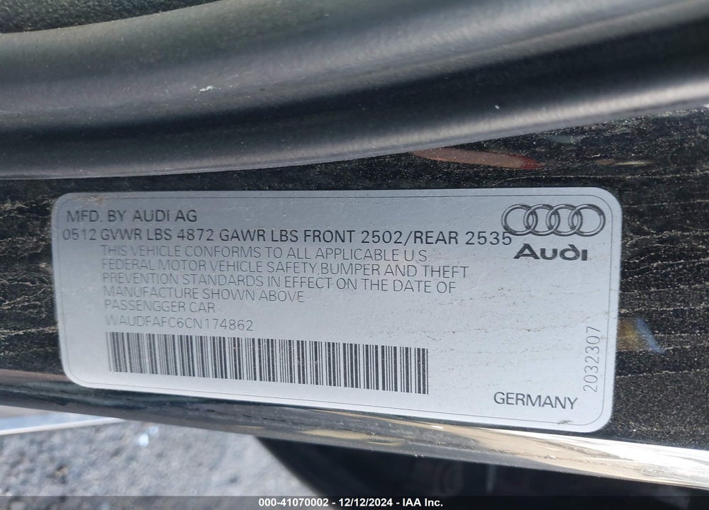 2012 AUDI A6 2.0T PREMIUM VIN: WAUDFAFC6CN174862